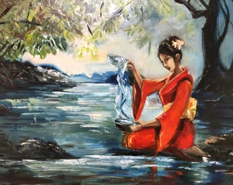 Asian Girl and Water Oriental Landscape Original impasto painting Contemporary Art Living Room Decor Unique Gift Meditative Art Romantic