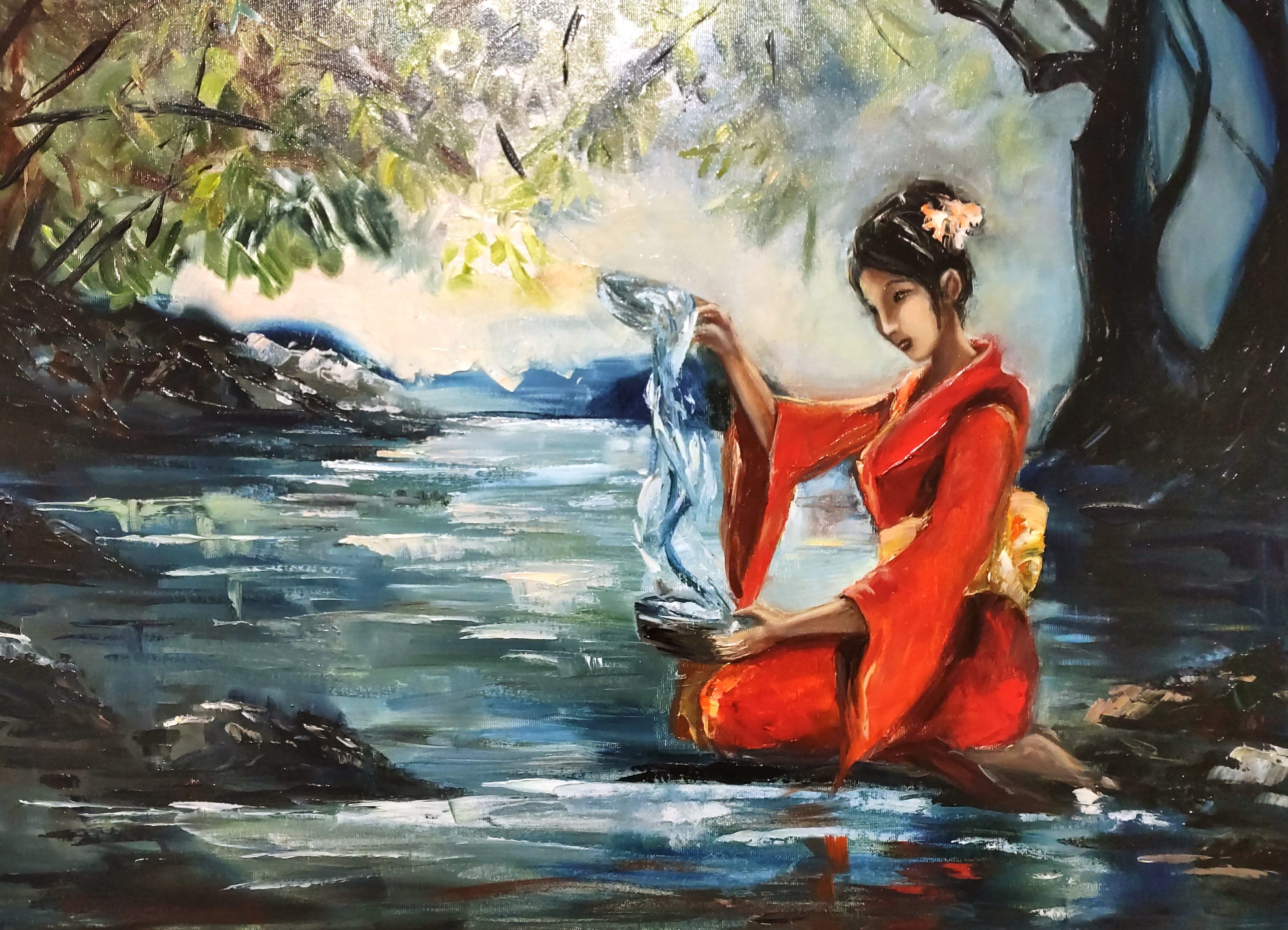 Asian Woman in Red Kimono by River - Original Oil Painting