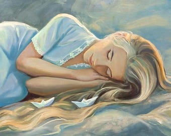 Unique gift Girl with Paper Boats Canvas Print Romantic Wall Art for Aesthetic Room Decor Light blue wall Art print of original oil painting