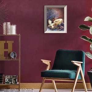 This bright and juicy painting was created a la prima, featuring garden lavender amid a chatty, ripe yellow melon and figs. I use warm and natural color tones so the painting has a calm and cozy vibe. Nevertheless, it turns out colorful and joyful. I composed the scene of this still life in my mind and painted it with oil paints on paper.