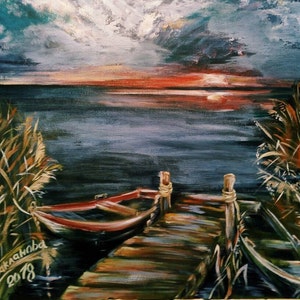 Barcos no pôr do sol do rio Pintura original Arte de parede moderna Decoração rústica para casa Presente de boas-vindas Pintura de paisagem aquática Melhor presente para ele