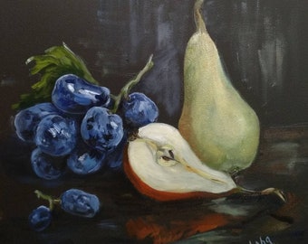 Still Life with Pears and Grapes Oil painting on Black canvas Dining Room Decor Cafe Art Contemporary Wall Art Best Gift Cozy Kitchen