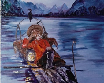 Old Fisher and Birds Asian Meditation Sea Scenery Original painting Contemporary Figurative Art Romantic Teen Room Seascape Man Portrait