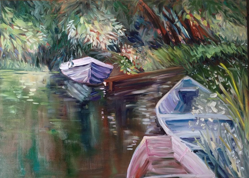 Sunny Day Boats Modern impressionism Living Room Decor Contemporary Art Unique Gift Cabinet Decor Summer River Landscape Best Gift for her