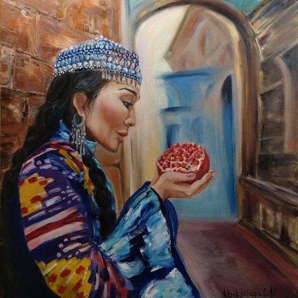 Oriental Girl and pomegranate Figurative art Original oil painting Vibrant color Wall Art Female Portrait Living Room Decor Unique Gift