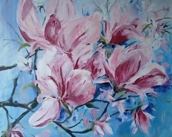 Pink Magnolia Bloom Large Original painting Unique gift Spring Mood Sweet Home Interior Feng Shui Bridal Gift Living Room Decor Bedroom Art