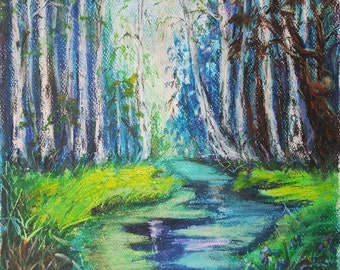 Stream in Birch Grove Original Oil pastel Drawing Spring Forest Landscape Living room decor Bedroom Wall Art Ukrainian Art Simple Best Gift