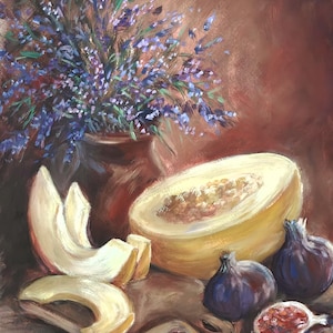 August delight
Summer Still Life with fruits and lavender
Original painting
Still life with Melon, Figs and lavender bundle
Kitchen art
Unique gift idea
Dining room decor
Ukrainian Art
Cheerful painting
Juicy fruit art

Original oil painting on paper
A colorful and cheerful plot will be suitable for any room to your mood

Size is A3 - 11,7x16,5" (29.7x42 cm)
2025
Signed
Unframed
