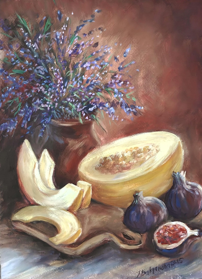 August delight
Summer Still Life with fruits and lavender
Original painting
Still life with Melon, Figs and lavender bundle
Kitchen art
Unique gift idea
Dining room decor
Ukrainian Art
Cheerful painting
Juicy fruit art

Original oil painting on paper
A colorful and cheerful plot will be suitable for any room to your mood

Size is A3 - 11,7x16,5" (29.7x42 cm)
2025
Signed
Unframed