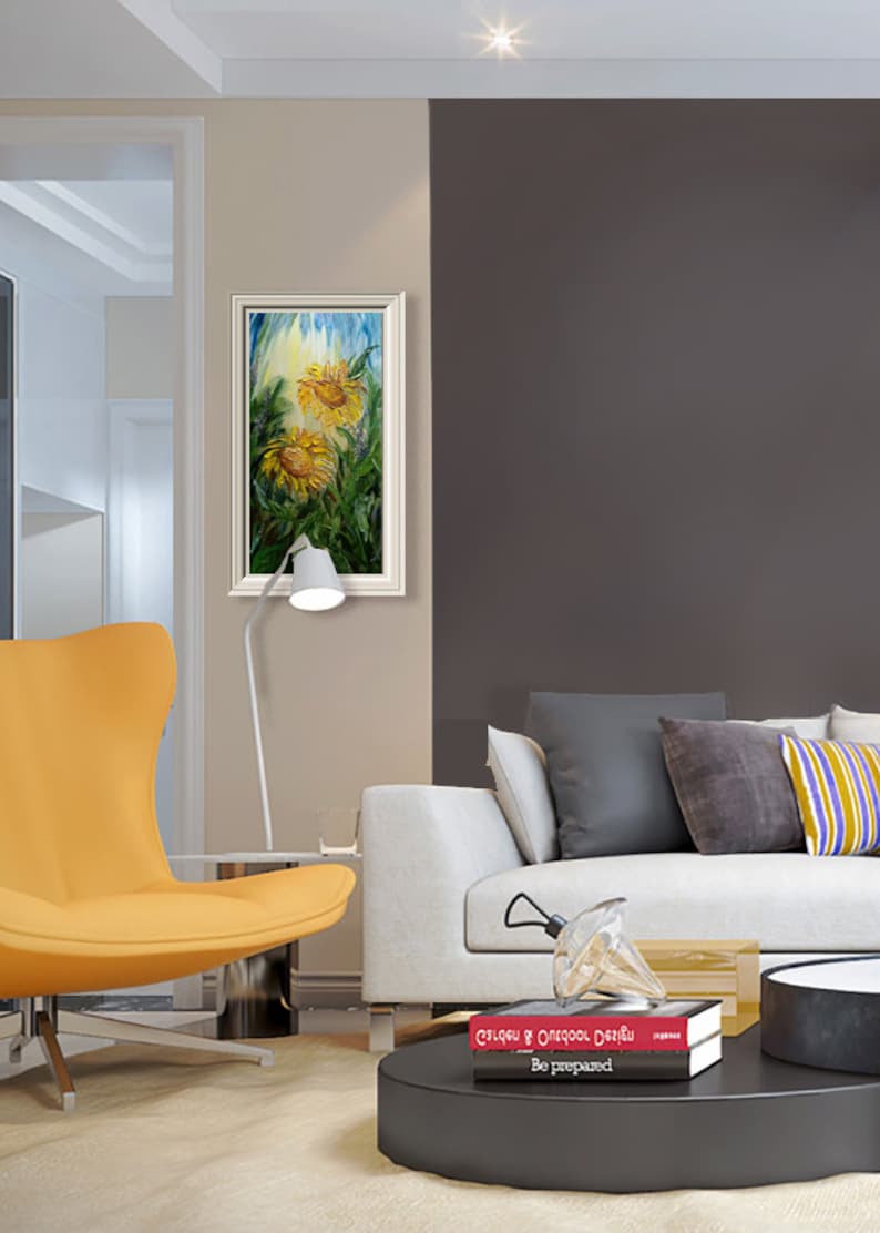 These sunny flowers will fill your home with warmth and light, even on a gloomy winter day.
In Feng Shui, sunflowers symbolize good luck, prosperity, and happiness due to their resemblance to gold coins and their ability to follow the sun. They are also associated with longevity, joy, and positive energy. 
Contemporary, textured painting with a summer vibe will be the perfect addition to your home.