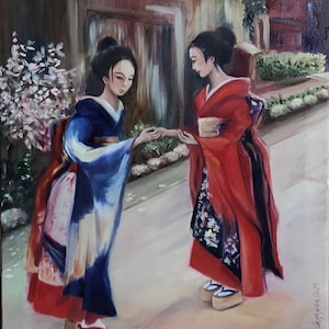 When the Sakura blooms Japanese Girls on the street Original figurative painting Kimono Dressed Woman Oriental Spring Romantic View Wall Art image 1