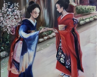 Quando fiorisce il Sakura Ragazze giapponesi per strada Pittura figurativa originale Kimono Dressed Woman Oriental Spring Romantic View Wall Art