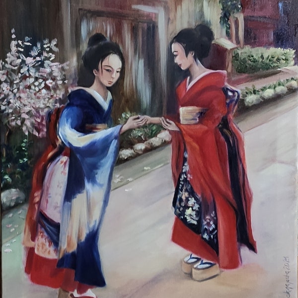 Wanneer de Sakura bloeit Japanse meisjes op straat Origineel figuratief schilderij Kimono Geklede Vrouw Oosterse Lente Romantisch Uitzicht Muurkunst