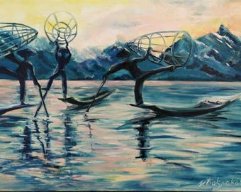 Arte de pesca asiática. Pintura original. Paisaje marino oriental al amanecer. Paisaje marino oriental panorámico. Arte mural.