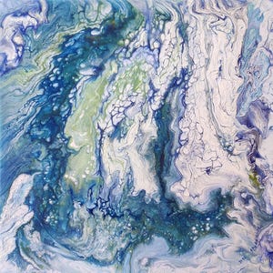 May include: Abstract acrylic painting with a fluid art design. The artwork features a blend of blues, greens, and white, creating a marbled effect. The colors swirl and blend, evoking a sense of depth and movement. The painting is square in shape.