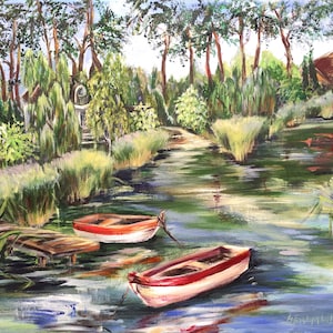 Boote in ländlicher Flusslandschaft Originalgemälde Impressionistische Dorflandschaft Lebendige Farbe Wohnzimmer Kunst Einzigartiges Geschenk Kinderzimmerdekor
