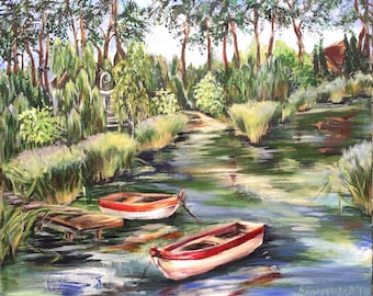 Boats in rural river scenery Original Painting Impressionistic Village Landscape Vibrant color Living Room Art Unique gift Kids Room Decor