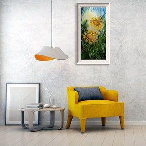 These sunny flowers will fill your home with warmth and light, even on a gloomy winter day.
In Feng Shui, sunflowers symbolize good luck, prosperity, and happiness due to their resemblance to gold coins and their ability to follow the sun. They are also associated with longevity, joy, and positive energy. 
Contemporary, textured painting with a summer vibe will be the perfect addition to your home.