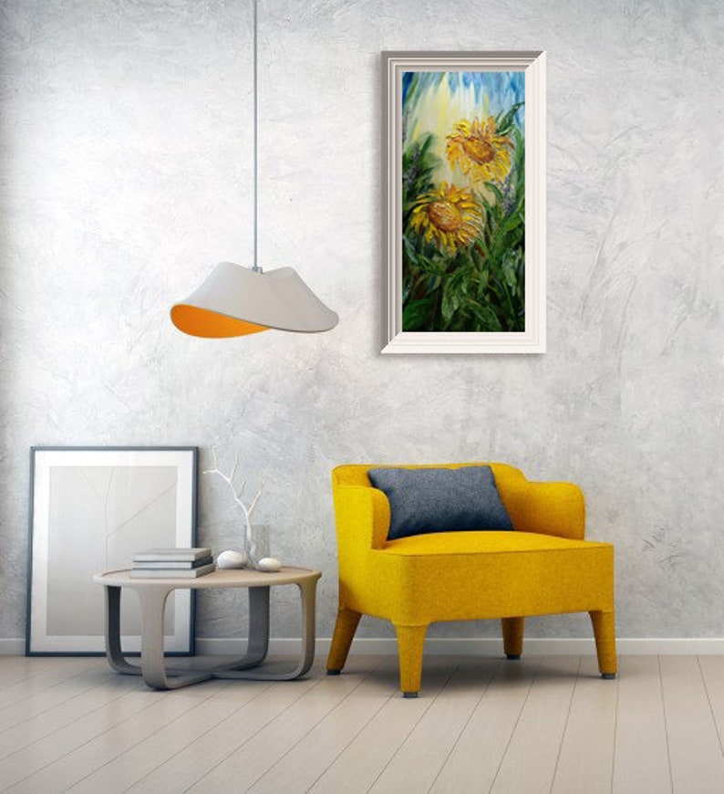 These sunny flowers will fill your home with warmth and light, even on a gloomy winter day.
In Feng Shui, sunflowers symbolize good luck, prosperity, and happiness due to their resemblance to gold coins and their ability to follow the sun. They are also associated with longevity, joy, and positive energy. 
Contemporary, textured painting with a summer vibe will be the perfect addition to your home.
