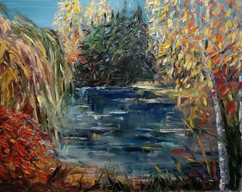 Autumn Leaves River Landscape Impasto Original painting Living Room Art Vibrant Contemporary Wall Art Unique Gift Cheerful Dining Room Decor