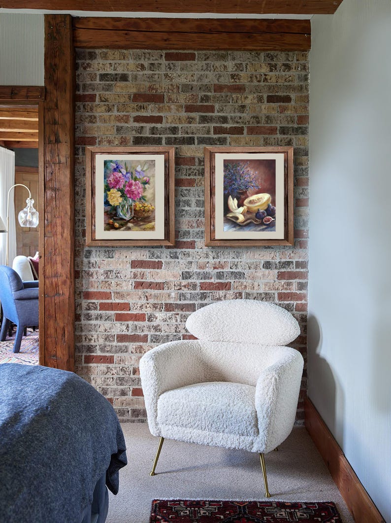 These 2 cheerful still life painted with oil paints on the same size paper will look perfect together filled your home with a warm summer energy.