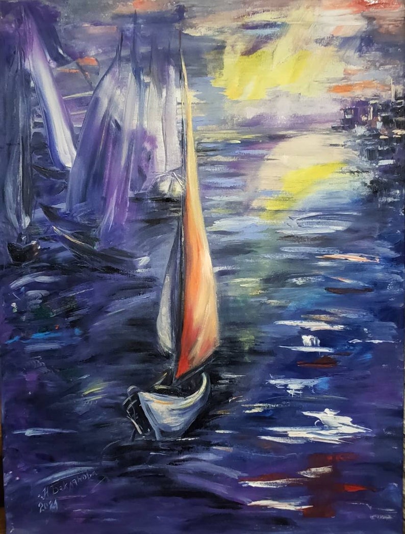 Night Sailing Yachts before dawn Original Impressionistic style Waterscape Living Room Decor Unique Gift Contemporary Wall Art Gift for him image 2