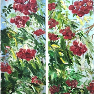 Puede incluir: Una pintura de una fila de bayas rojas en un arbusto verde con un cielo azul de fondo.