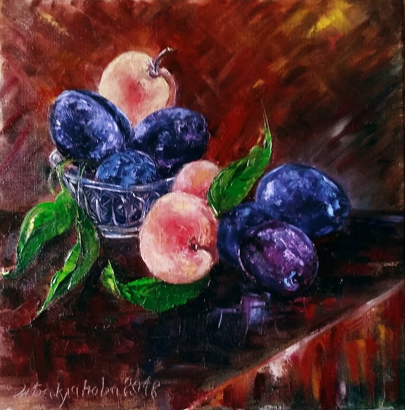 Plums and Peaches Modern Original Oil Art Feng Shui Gift Oil Still Life