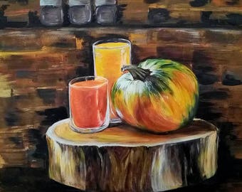 Autumn Pumpkin still life Halloween Gift Warm color Dining Room Decor Cozy Kitchen Art Healthy lifestyle Fresh Wall Art Decor Unique Gift