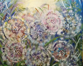 Original Dandelion Oil Painting: Fantasy Flower Art, Modern Impressionist Above Bed Decor