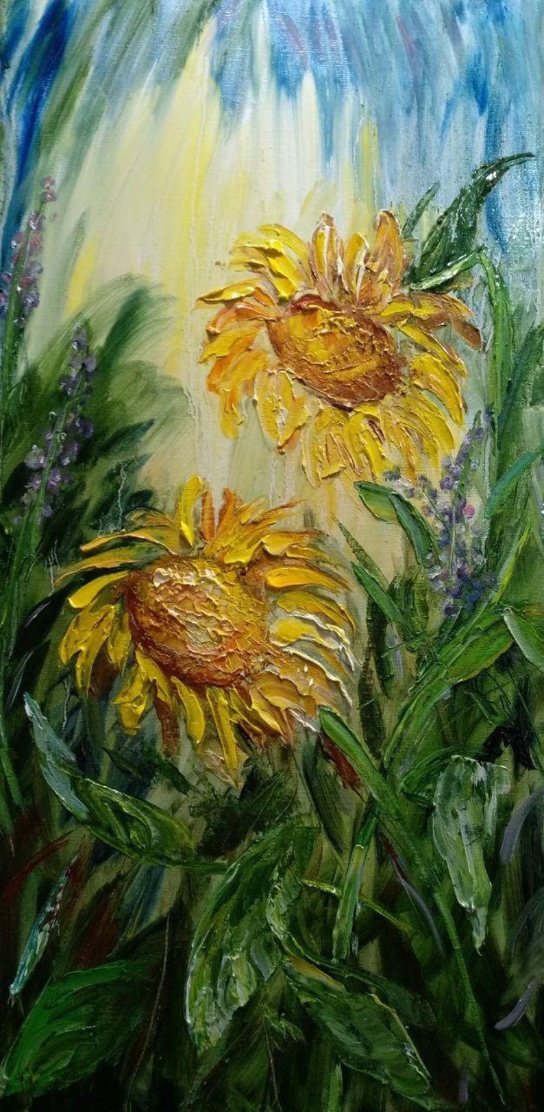 Golden Sunflowers 
Original painting
Textured wall art
Impasto painting


Original oil painting with the palette knife and brushes on stretched canvas
Size 12x24 inches (30x60 cm)
2018
Signed
Sides painted
Varnished
Ready to hang
Unframed