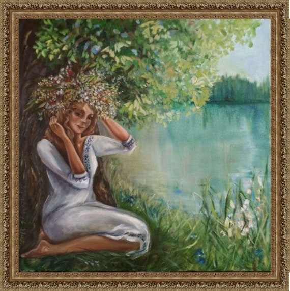 Girl in Flower Crown Original Artwork River Landscape Painting