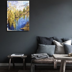 Tranquil Spring Pond with Yong Willow Greenery Painting Waterscape Contemporary Wall Art Living Room Decor Modern impressionism Unique gift image 10