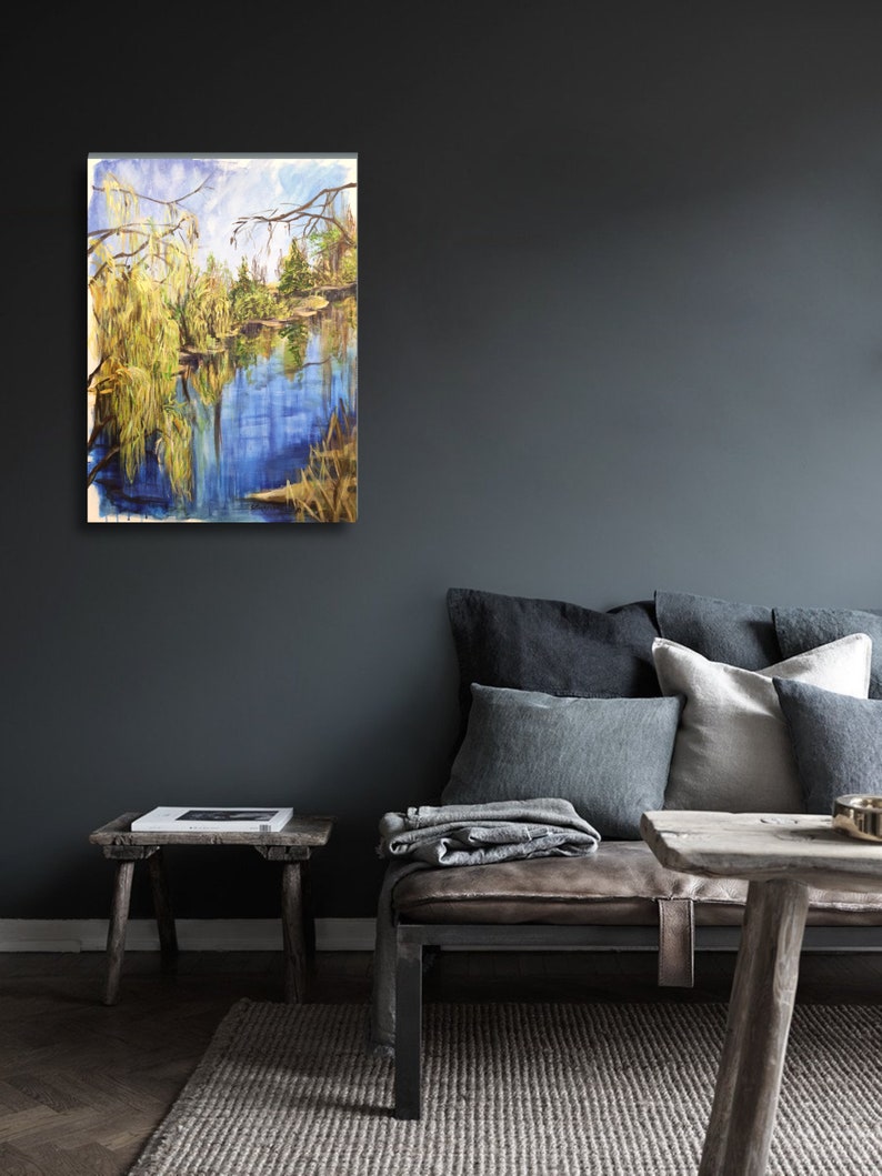 Tranquil Spring Pond with Yong Willow Greenery Painting Waterscape Contemporary Wall Art Living Room Decor Modern impressionism Unique gift image 10