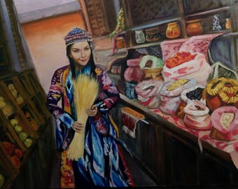 A girl on Orient Bazaar Unique Gift Large Wall Art Dining Living Room Decor Traditional Market Colorful Fruits Sweeties Original oil ArtWork