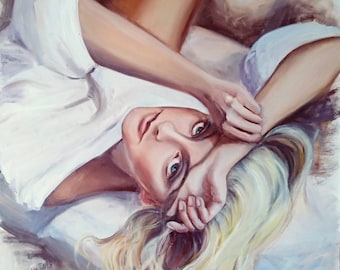 It must be love Blondehair Girl Romantic story Erotic Art Soft Color Contemporary Original Painting Large Wall Art Unique Gift Bedroom Decor