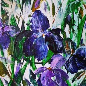 Lirios morados y azules, delicadas flores silvestres de pradera, pintura original, arte de pared contemporáneo, arte de sala de estar, decoración de dormitorio, regalo único para ella