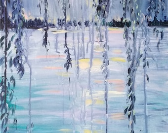 Pintura original de paisagem fluvial noturna à luz da lua cheia, arte de parede romântica e contemporânea, impressionismo moderno, presente exclusivo para decoração de sala de estar.