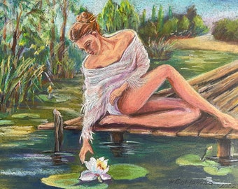 Girl by the stream with water lily Figurative art Summer landscape Original drawing Best Gift Living Room Decor Romantic Art Artist Ukraine