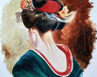Japanse geisha canvasafdruk van origineel schilderij, portret Aziatische vrouw, 20 x 20"