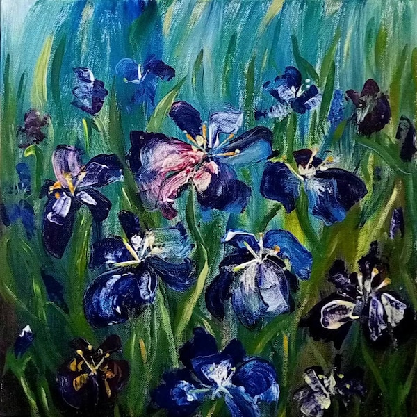 Blue flowers Valentine's Gift Living Room Decor Original acrylic Iris painting  Wall Art Decor Blue Green Purple Colorful Girl's Room Decor