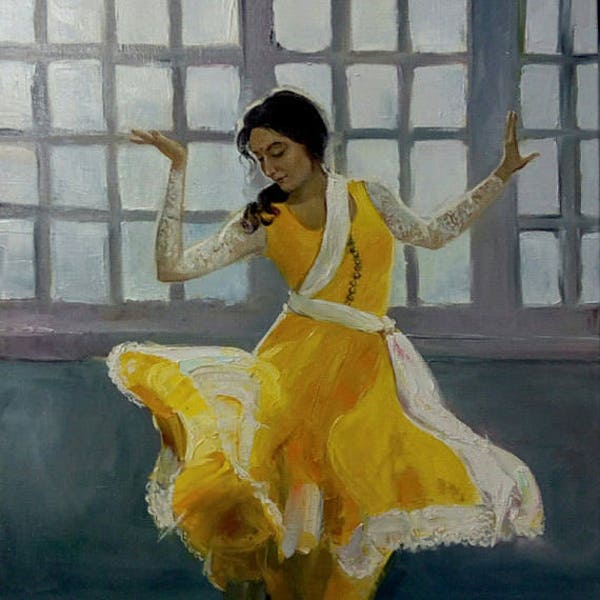 The Dance of light 60x90 cm Original oil painting Indian Folk Dancing Girl in Yellow Sari on linen canvas Large Wall Art Living room decor