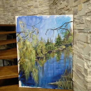 Tranquil Spring Pond with Yong Willow Greenery Painting Waterscape Contemporary Wall Art Living Room Decor Modern impressionism Unique gift image 2