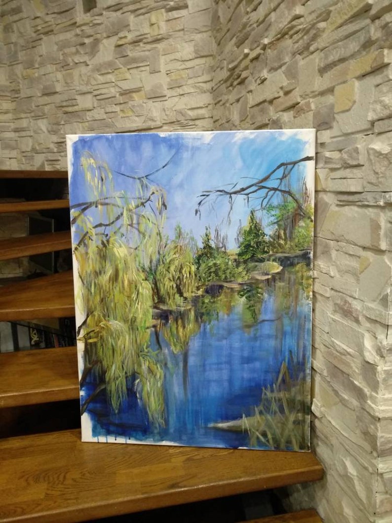 Tranquil Spring Pond with Yong Willow Greenery Painting Waterscape Contemporary Wall Art Living Room Decor Modern impressionism Unique gift image 2