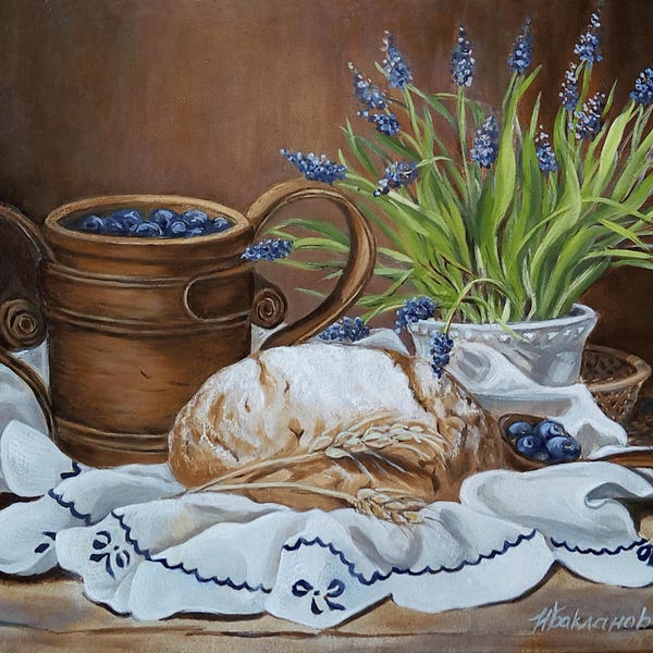 Digital Art Print from Original Oil multilayer oldschool painting Flemish still life with bread & blueberry Living Room Decor Unique Gift