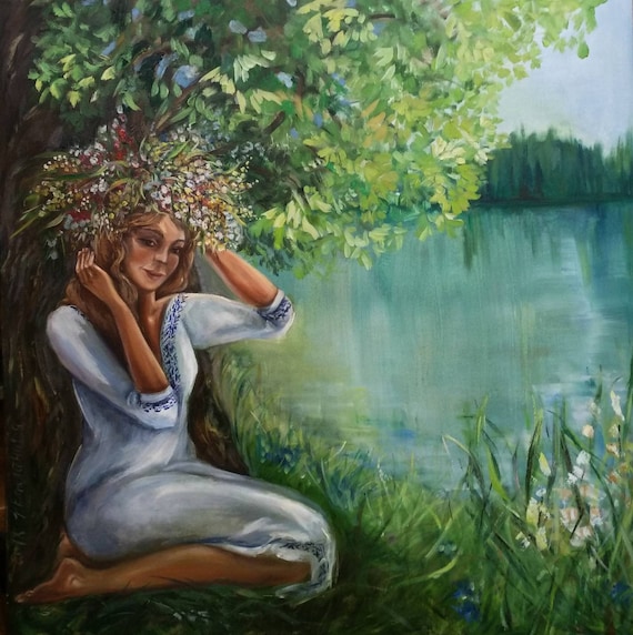 Girl in Flower Crown Original Artwork River Landscape Painting