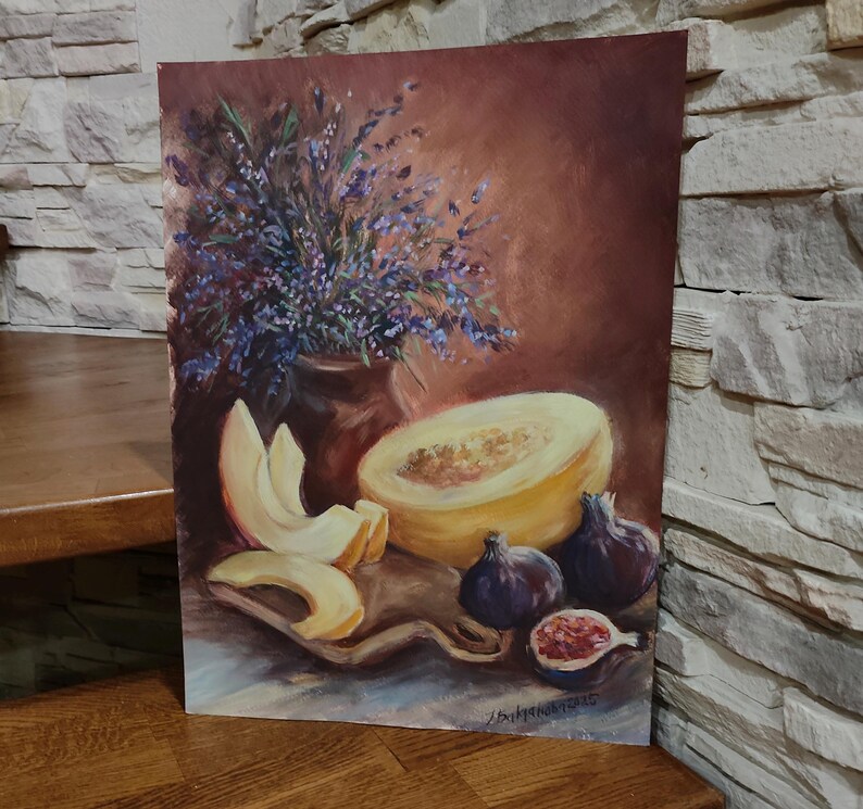 Under artificial light this original painting appears more deep and warm.
August delight
Summer Still Life with fruits and lavender
Original painting
Still life with Melon, Figs and lavender bundle
Kitchen art
Unique gift idea
Dining room decor
Ukrainian Art
Cheerful painting
Juicy fruit art

Original oil painting on paper
A colorful and cheerful plot will be suitable for any room to your mood

Size is A3 - 11,7x16,5" (29.7x42 cm)
2025
Signed
Unframed