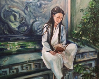 Asian Girl Reading Book Original painting Seren and tranquil artwork Unique gift Living room art Contemporary Wall Art Calm meditative mood