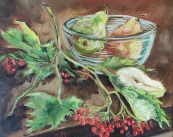 Vintage Still life Original painting Pears and Viburnums berries Dining Room Wall Art Farmhouse decor Colorful painting Unique Gift Idea