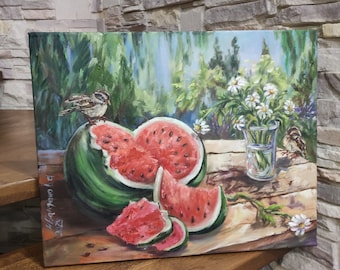 Farmhouse wall decor Original painting Summer Garden Art Still life of Watermelon, sparrows, chamomiles bouquet on a rustic table